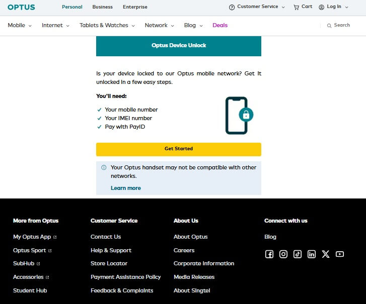 Optus Unlock Your Device webpage